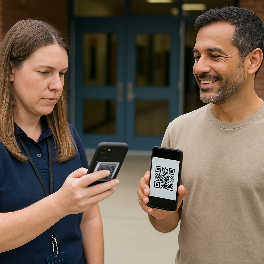 Escaneo de QR de retiro seguro en recepción del colegio